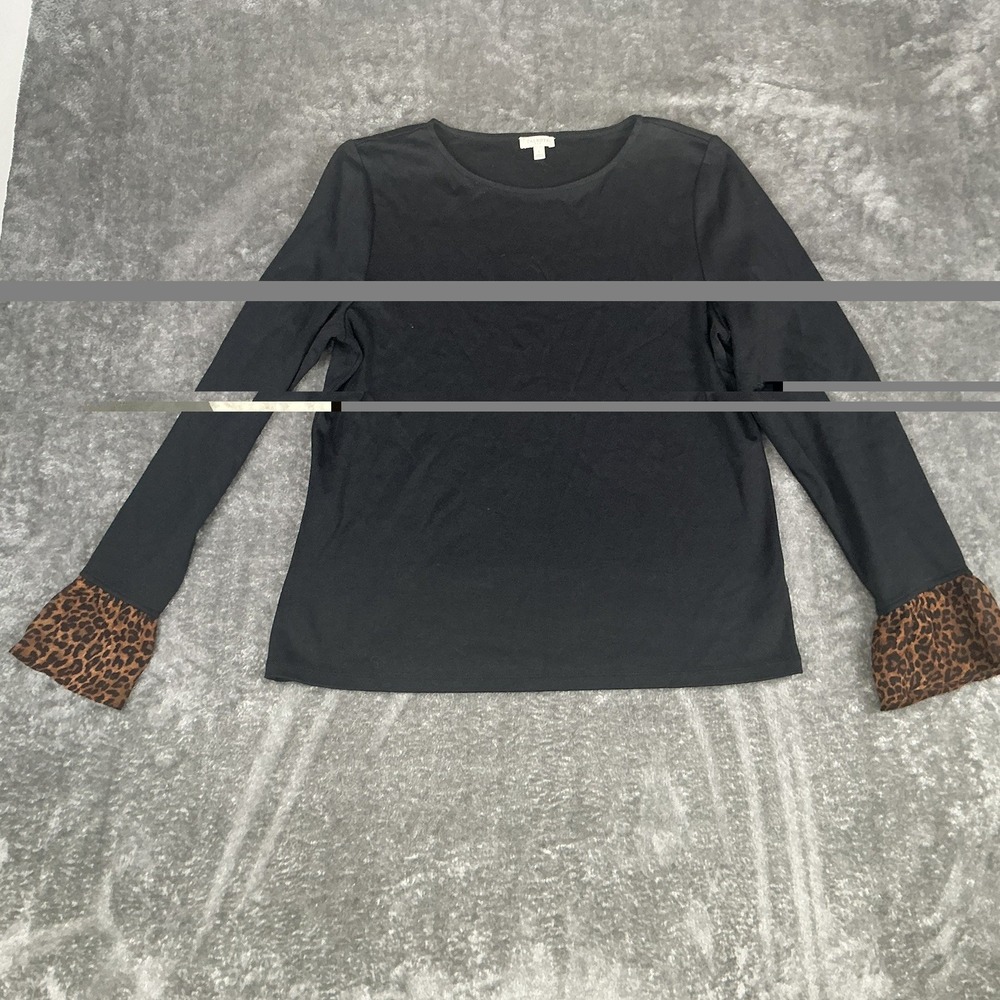 Talbots Women's Black Spectacular Animal Ponte Knit Top Size Large Sheer Cuffs